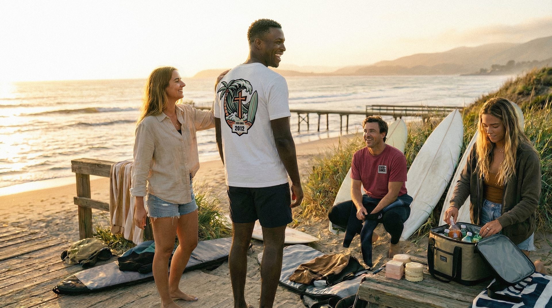 Devon and a group of friends wearing EverSince apparel